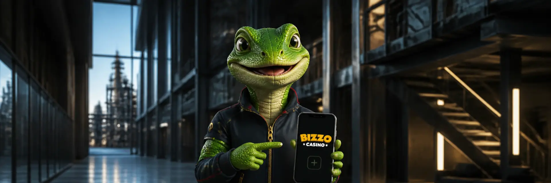 Ještěrka zelená instalující Bizzo Casino na telefonu Android