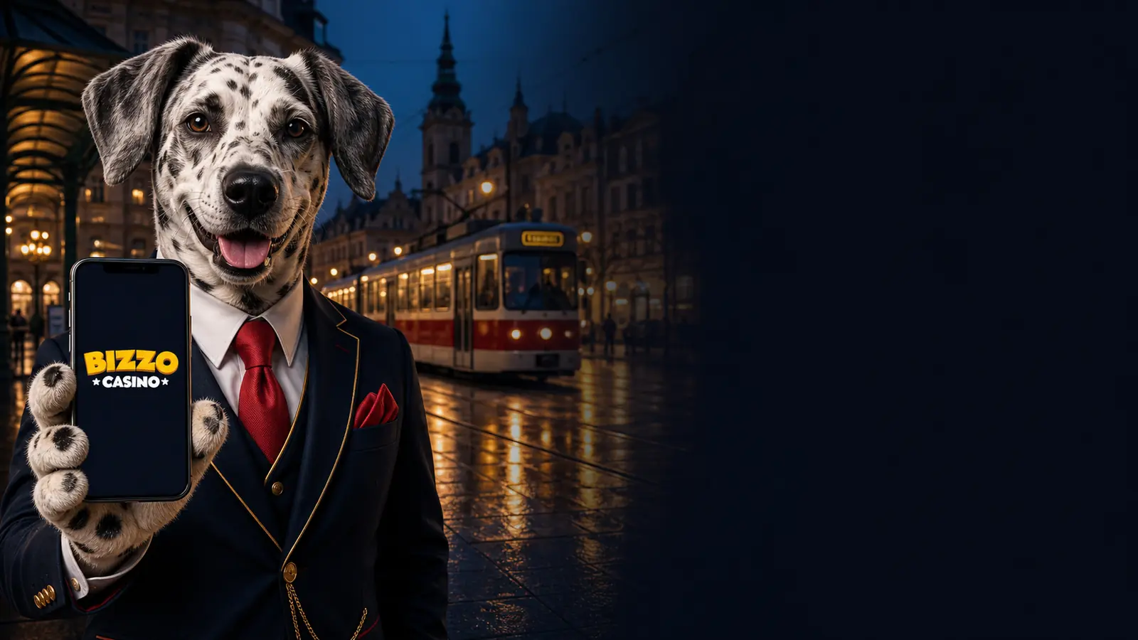 Český strakatý pes s aplikací Bizzo Casino u pražské tramvaje