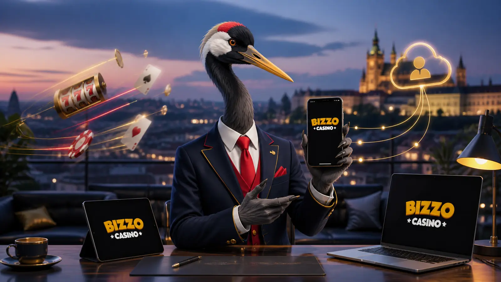 Jeřáb s aplikací Bizzo Casino na více zařízeních