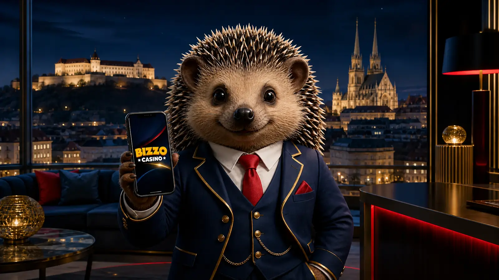 Ježek s mobilní aplikací před večerním panoramatem Brna