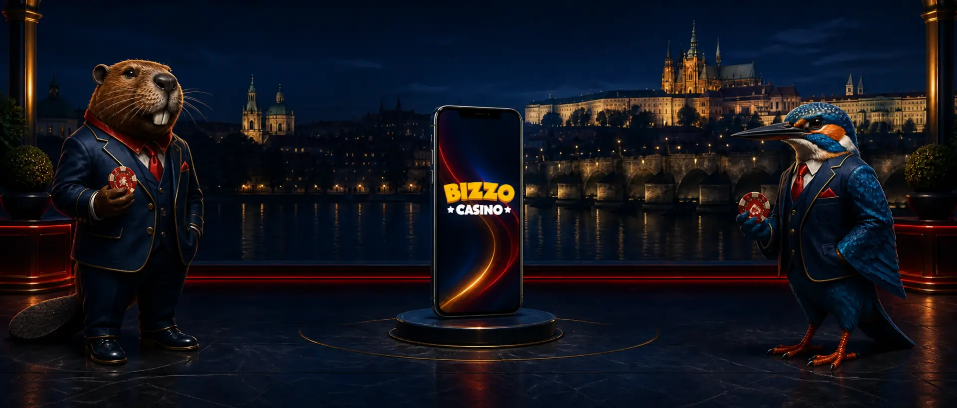 Bobr a ledňáček s mobilní aplikací před noční Prahou