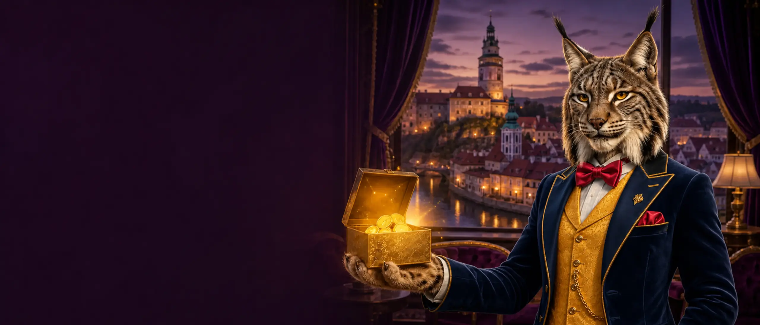 Rys s bonusovou truhlou nad historickým Českým Krumlovem
