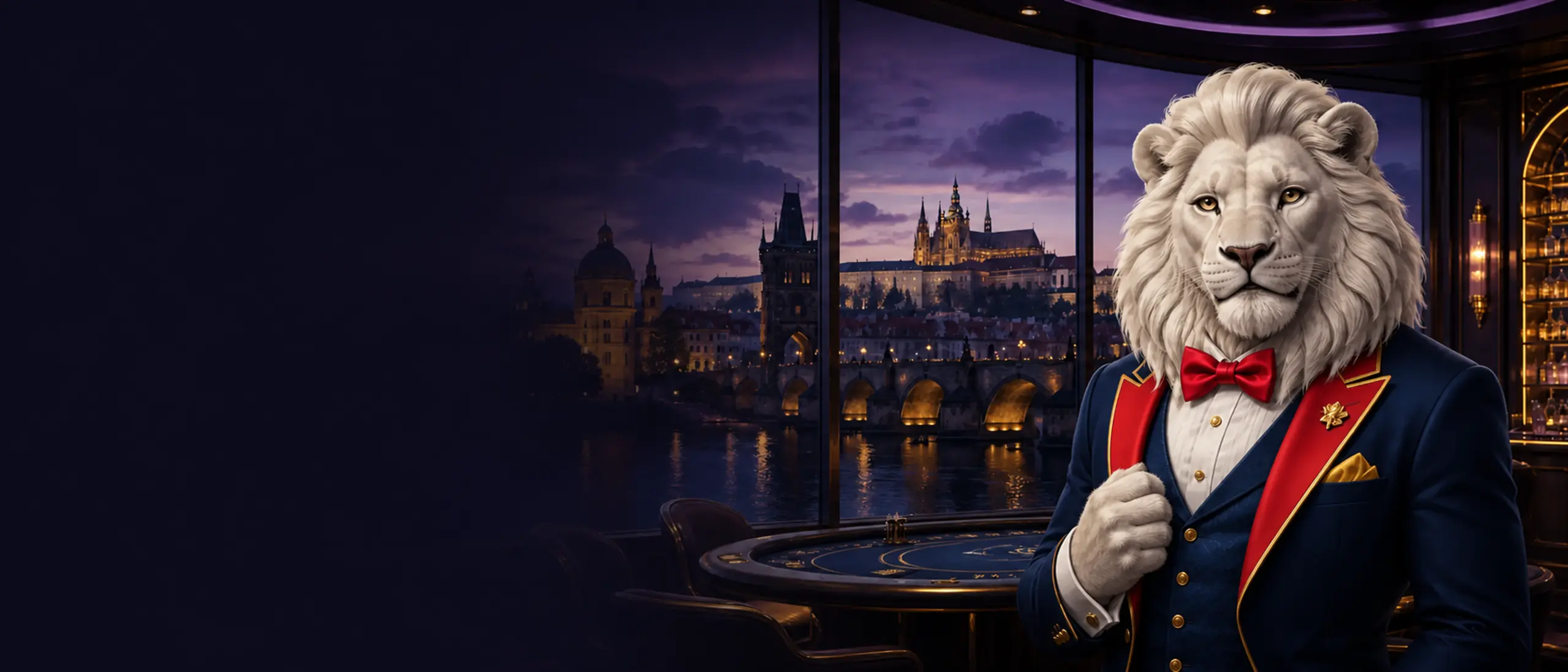 Bílý český lev v casinu s večerním panoramatem Prahy